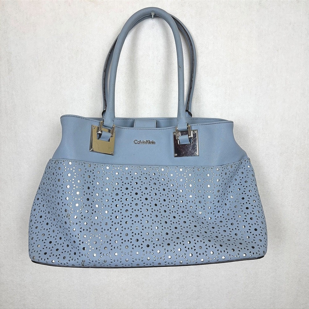Calvin Klein Light Blue Perforated Laser Cut Tote Bag Silver Hardware